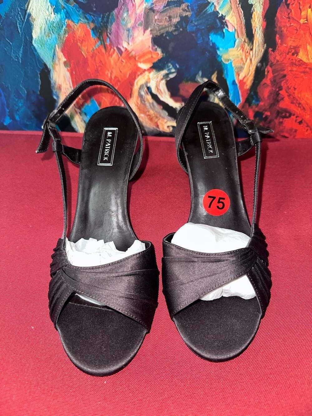 No.75 M. PATRICK Black Satin Slingback Heels with Ankle Strap, Size 7.5